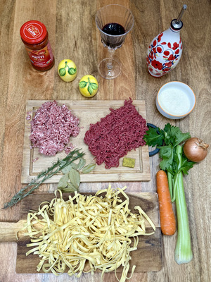Ingredients for authentic Italian tagliatelle al ragù Bolognese
