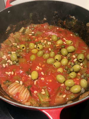 Sicilian caponata step 4: aromatic base and tomatoes